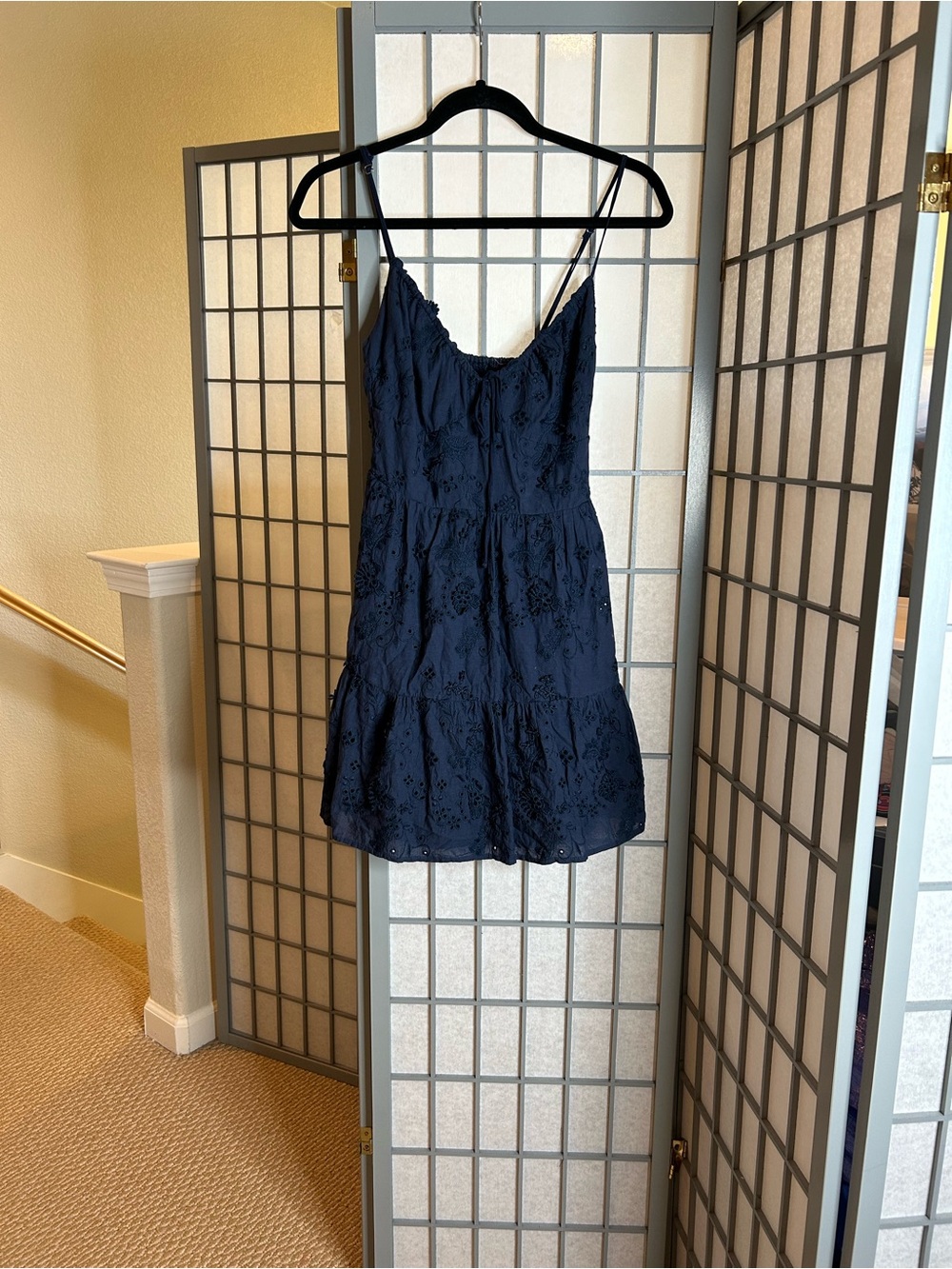 Lulus Navy Eyelet Tiered Spaghetti Strap Mini Dress